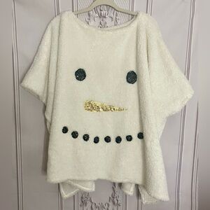 Cozy White Snowman Poncho Sequin Holiday Pullover One Size